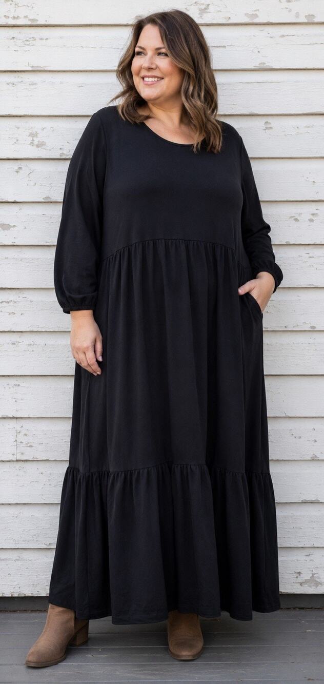 Maxi Dress Black Knit Puff Sleeve Ruffle Plus 3X Stretch Witchy Cottagecore NEW